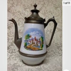 Antique, Enamelware-Pewter, XL Coffee-Teapot 12.5in H x 10.5in W x 6.5in